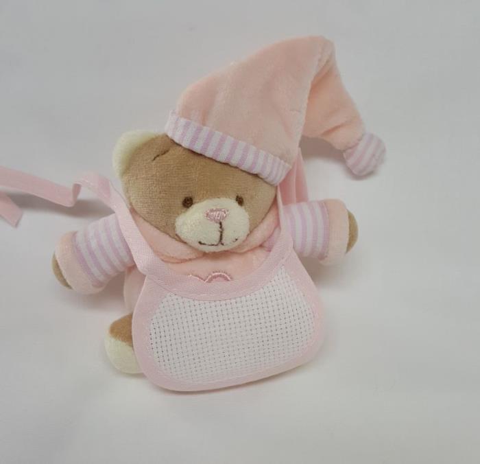 Mini orsetto peluche con cappello e con mini bavaglino color rosa