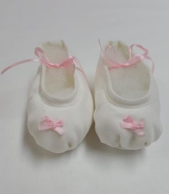 Scarpine neonata in stoffa taglia unica bianco con fiocchetti rosa